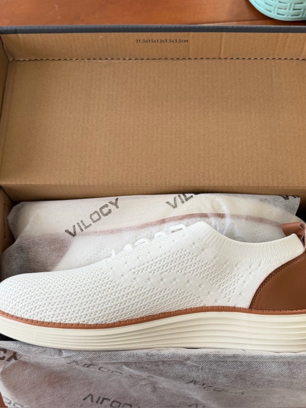 Men’s White Knit Slip-On Sneaker with Brown Trim